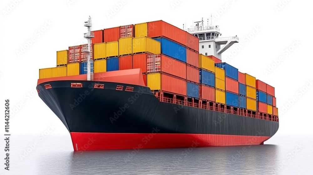 Poster a large cargo ship loaded with colorful shipping containers navigating calm waters under a clear sky