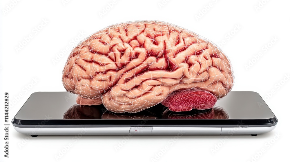 Poster a surreal image of a brain resting on a smartphone, symbolizing the intersection of technology and h