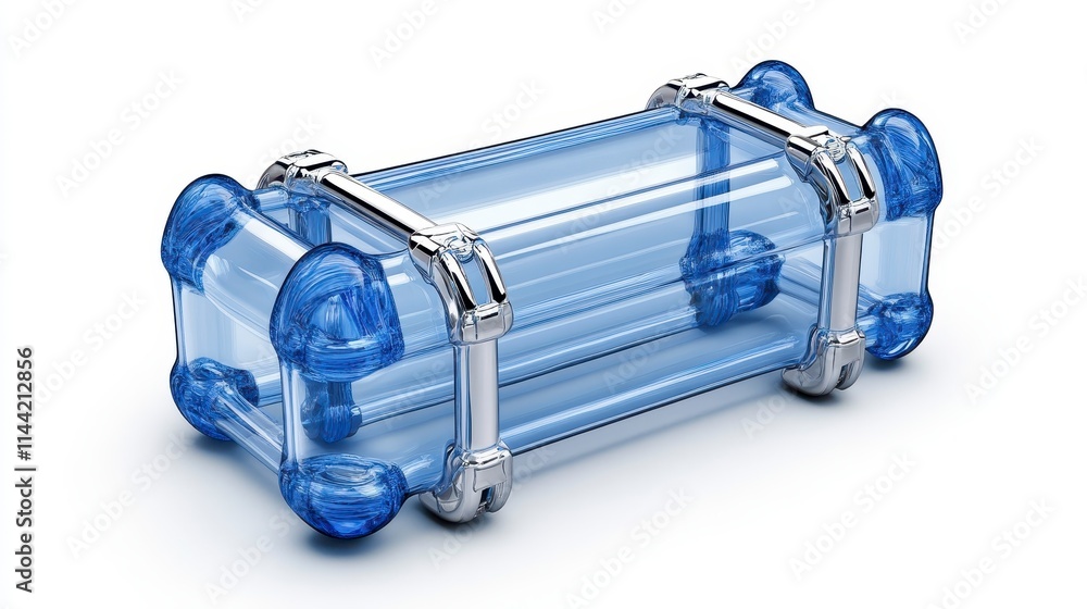 Poster a transparent blue container with metallic clasps, featuring a unique design, suitable for storage o