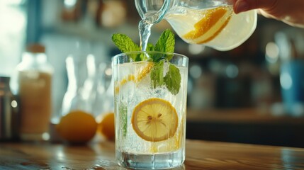 A close-up of a hand pouring fresh lemonade from a glass pitcher into a tall glass, with a lemon slice garnish and mint leaves floating in the drink.