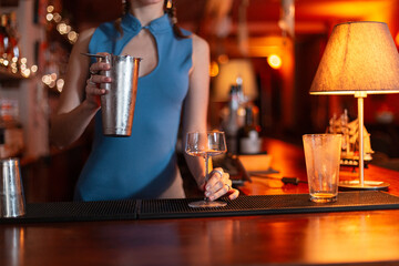 Beautiful bartender girl with shaker and glass preparing cocktail on bar counter