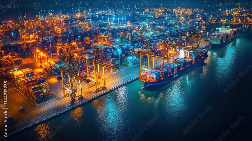 Poster Night aerial view of a busy port with ships and cranes loading containers.