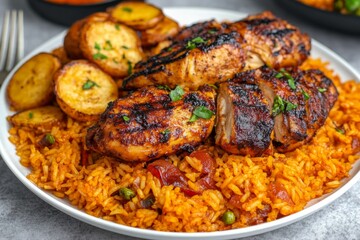 Fototapeta premium Grilled Chicken with Aromatic Rice and Roasted Potatoes