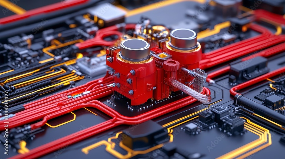 Poster a close-up view of a circuit board featuring intricate red and gold pathways and metallic components