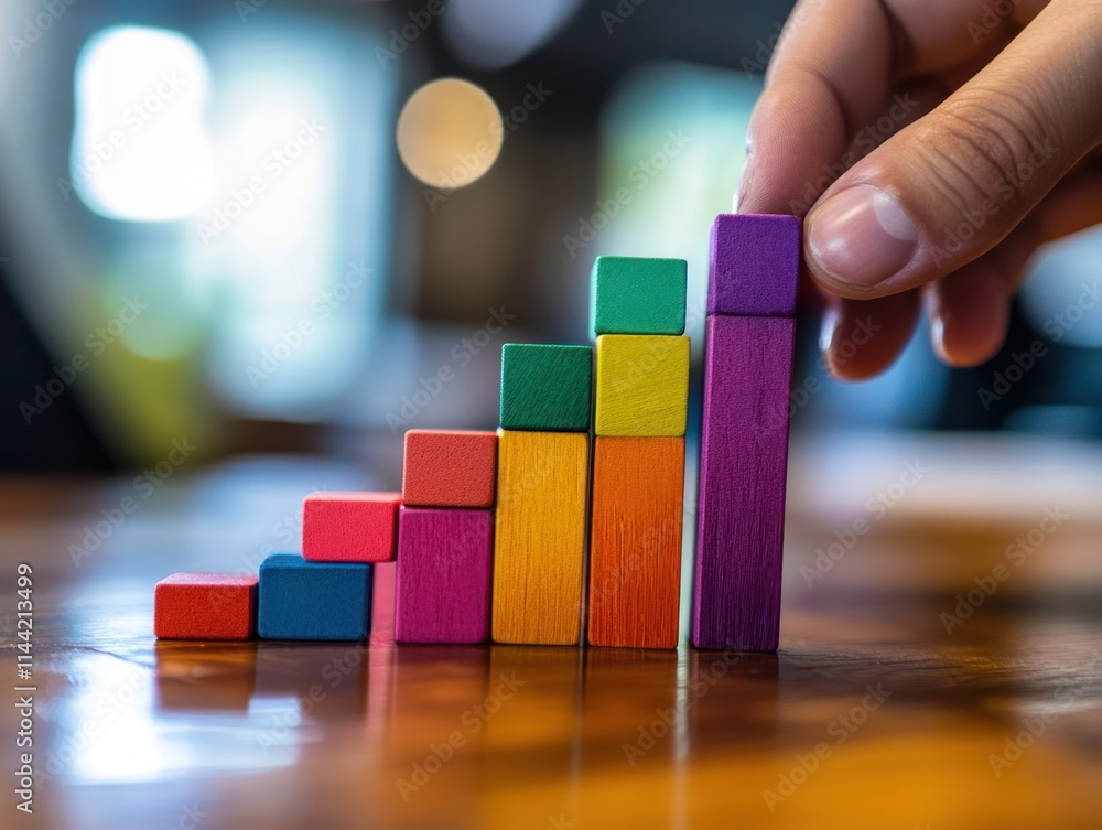 Poster hand arranging wooden blocks into a rising bar chart.
