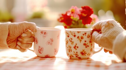 Elderly couple holding matching mugs at table with flowers