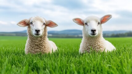 Obraz premium Two sheep are laying in a grassy field