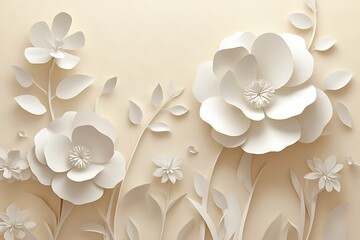 Beautiful white 3d flowers on white marble relief wallpaper