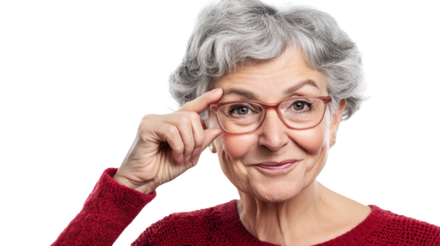 A Playful Senior Woman Winking Cheerfully on a White Background for Use in Advertising and Social Media Campaigns.