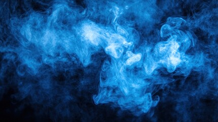 Abstract blue smoke swirls on black background.