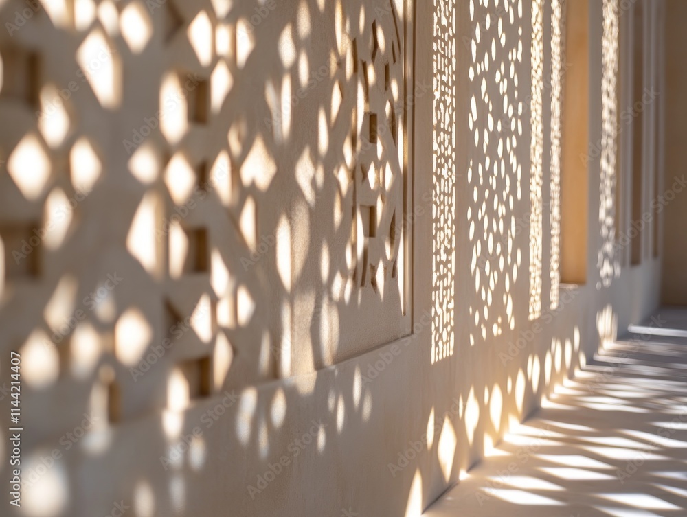 Poster intricate geometric patterns cast shadows on a wall.