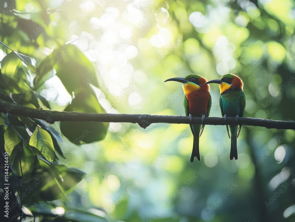 Poster two colorful birds perched on a branch, bokeh light.