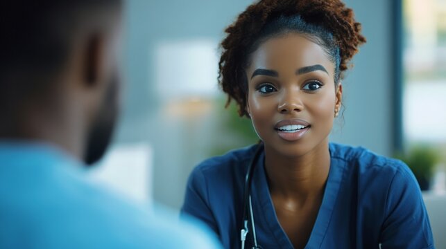A dark skin wonan healthcare professional listens attentively to a patient in a bright, welcoming office, creating a supportive atmosphere during a routine check-up. Generative AI