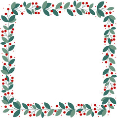 Square Frame Wreath With Beautiful Red Cherry Berries And Green Leaves