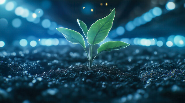 Small plant growing from dark soil with glowing connections, showing technological advancements in agriculture