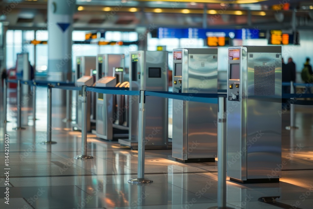 Poster modern technologies in airport terminal allow passengers to avoid queues