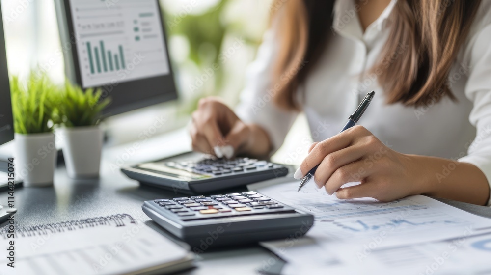 Poster Woman calculating numbers and writing with charts on desk.