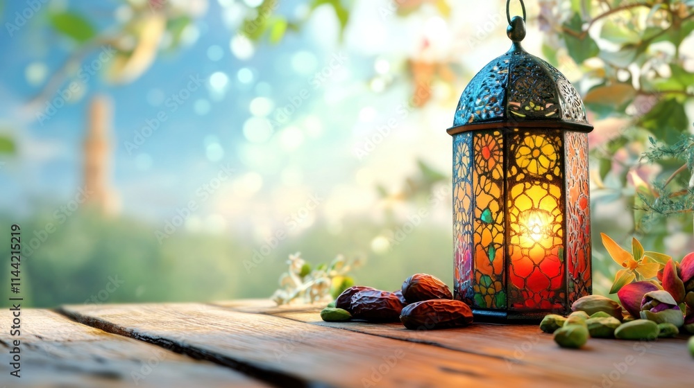 Aufkleber Ramadan lantern with dates and pistachios on a wooden table in a natural setting.