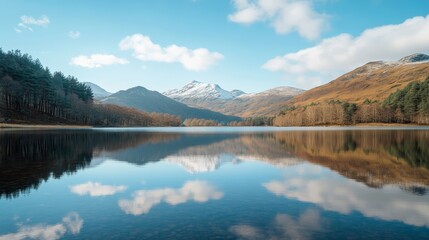 Fototapeta premium Serene mountain lake with clear reflections and majestic peaks in blue sky, perfect for nature lovers and peaceful retreats.