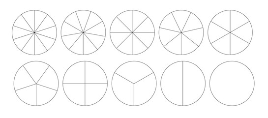 Segmented circles isolated on a white background. A different number of sectors divides the circle into equal parts. Vector