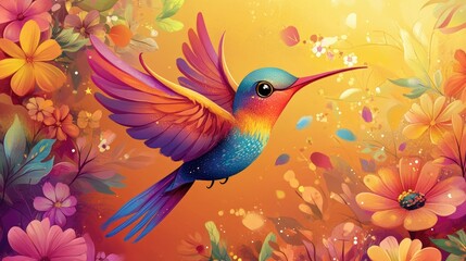 Colorful Hummingbird in Flight Surrounded by Vibrant Flowers and Lush Botanic Elements Against a Warm, Radiant Background of Orange and Yellow Hues