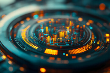 A futuristic digital cityscape with vibrant colors and circular patterns, representing technology and innovation in urban design.