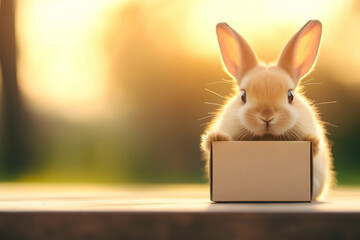 A cute rabbit sitting inside a small box, with a soft glow in the background, creating a warm and delightful atmosphere.