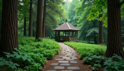Fototapeta premium Serene Japanese-style gazebo in lush forest surroundings, perfect for contemplation and relaxation amidst nature's peaceful atmosphere.