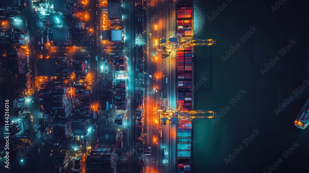 Poster Aerial view of a busy port with containers and lights at night.