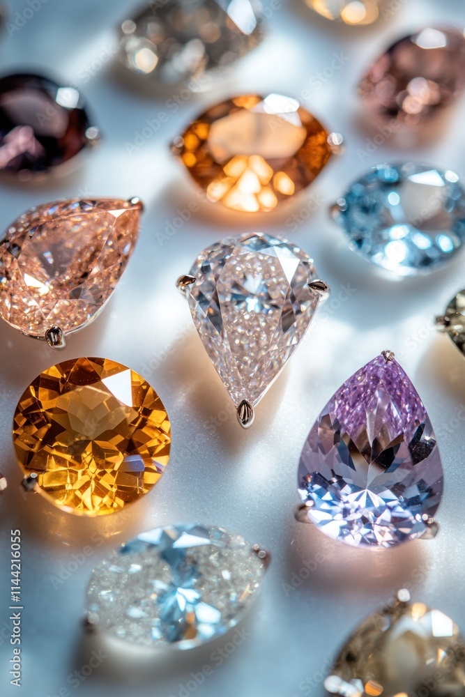 Poster assorted colored diamonds lay on white surface.