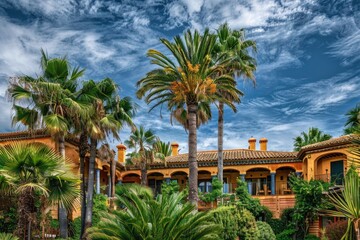 Garden Palm. Tropical Hotel with Palm Trees and Sky in Spain