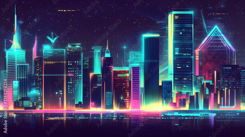 Wall mural Vector Cityscape with Glowing Neon and Futuristic Design