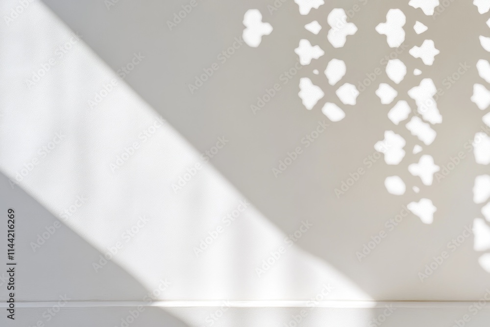 Poster sunlight and patterned shadows cast on plain white wall surface.