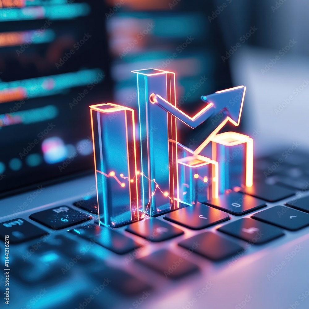 Aufkleber glowing bar chart with arrow over laptop keyboard.