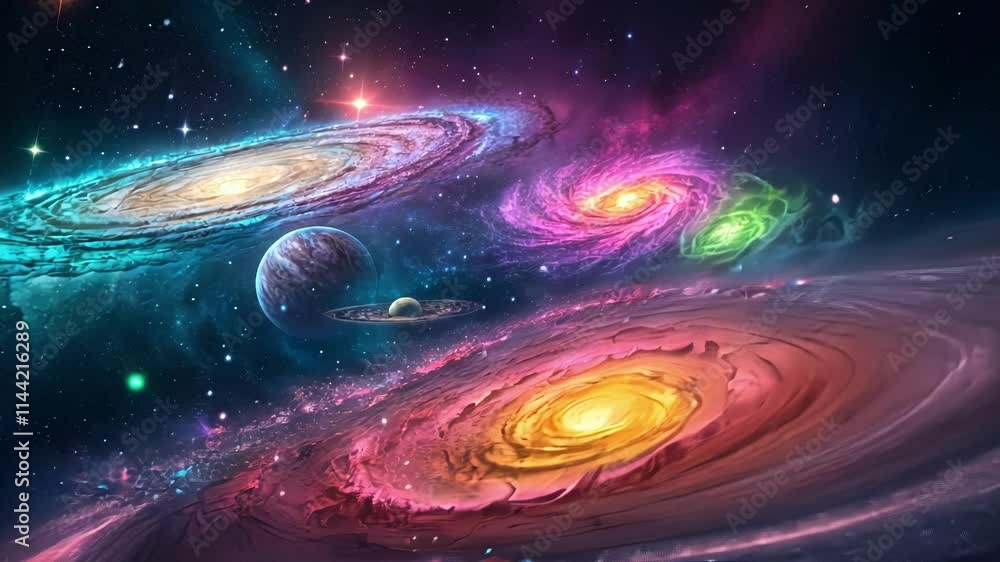 Poster cosmic journey a vibrant cosmic scene filled with swirling galaxies painted in loud neon colors laye