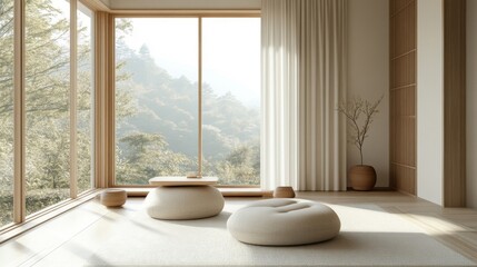 Fototapeta premium Serene Minimalist Living Room With Mountain View