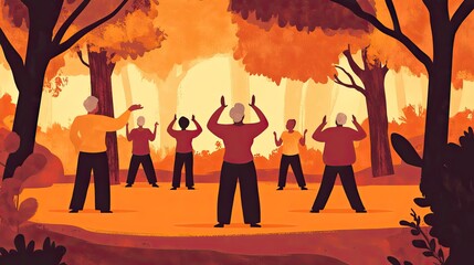 Seniors practicing Tai Chi in autumn forest.