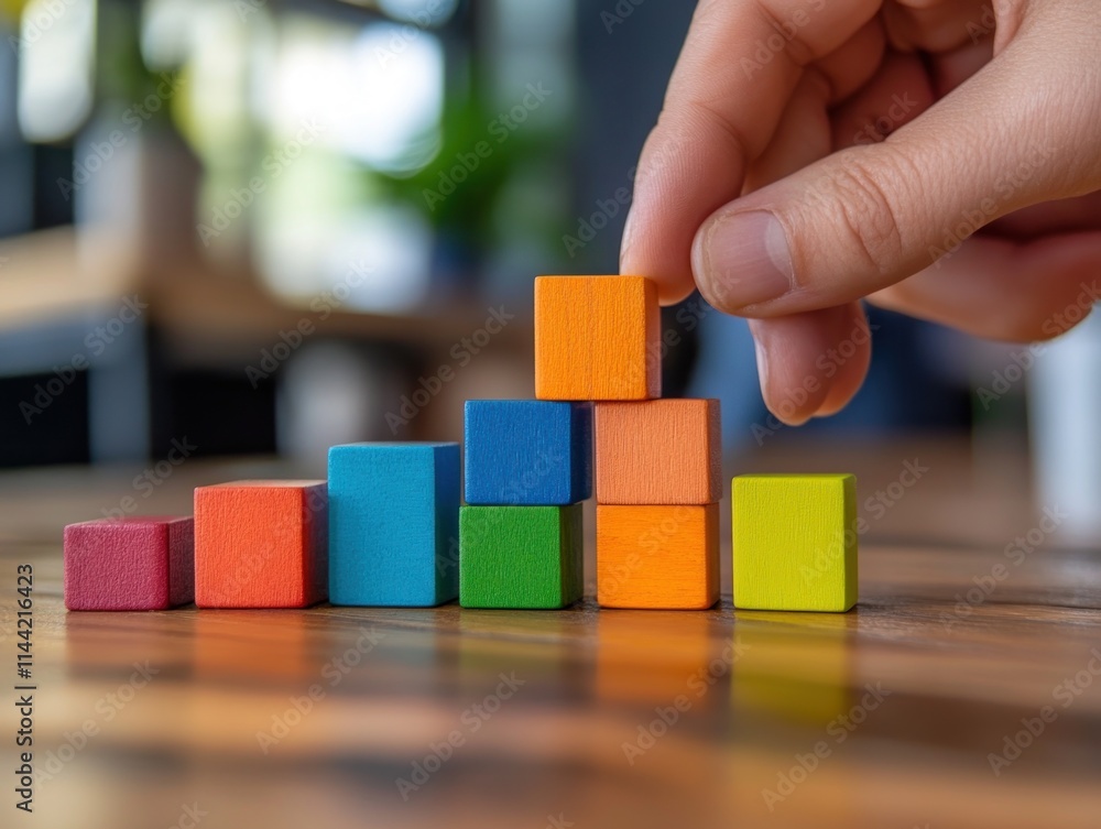 Poster hand placing orange block on stacked colorful cubes.