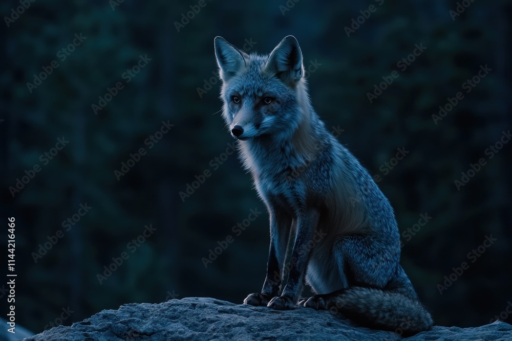 Poster fox sits on rock in dim light, looking to the left.