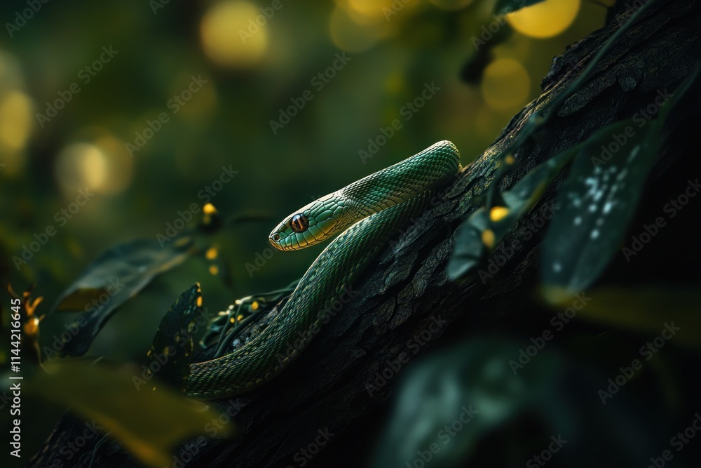 Poster green snake crawls on tree branch in foliage.