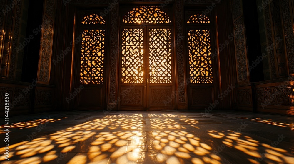Poster ornate window pattern with sunlight casting shadows on a marble floor.