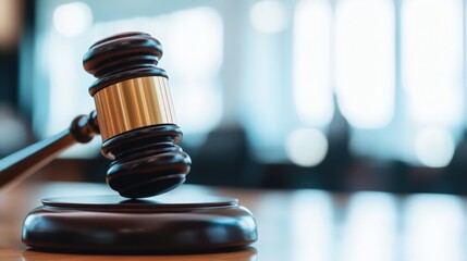 A gavel sits on a wooden surface