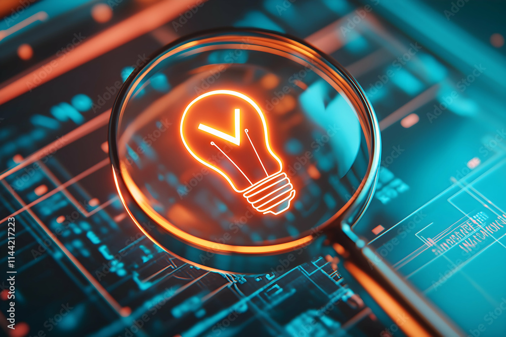 Poster a close-up of a magnifying glass focusing on a glowing light bulb icon, set against a vibrant digita