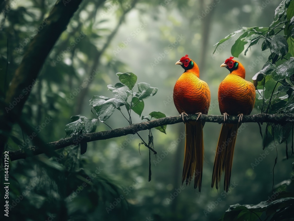 Poster two golden pheasants perched on a branch in a foggy forest.