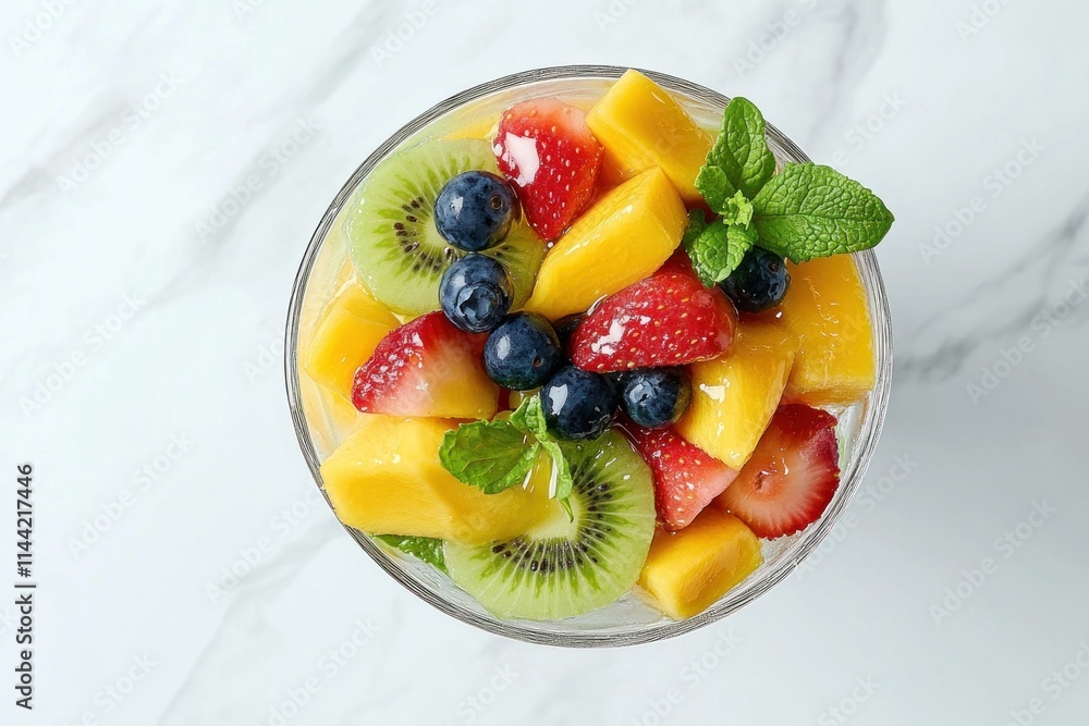 Poster overhead view of fruit salad in a bowl.