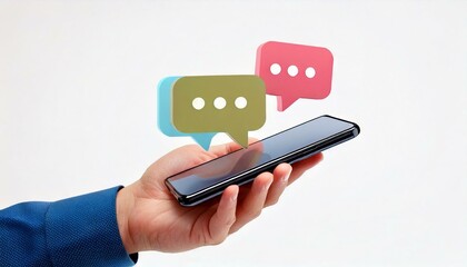 A hand holding a mobile phone with the chat, message icon on the white background. Resources for website, edit&mdash;technology concept.
