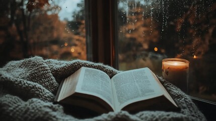 Cozy autumn scene open book on knit blanket, candle, rainy window.