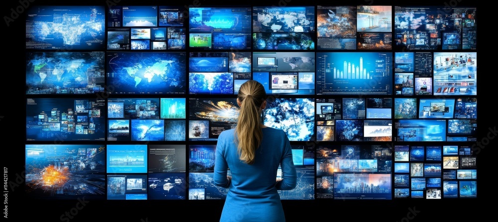 Poster woman monitoring multiple screens, visualizing complex data, graphs, charts, and business analytics.