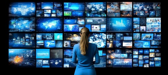 Woman Monitoring Multiple Screens, Visualizing Complex Data, Graphs, Charts, and Business Analytics.