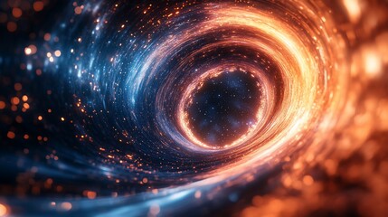 Abstract swirling cosmic vortex with glowing particles and nebula.